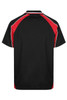 A black polo shirt with red and white accents, featuring a logo on the front.