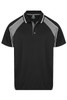 A black polo shirt with grey accents and a logo on the chest. Short sleeves and a classic collar design.