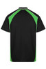 A polo shirt featuring a black body with vibrant green accents, showcasing a logo on the back.
