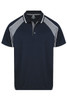 A navy blue polo shirt featuring grey accents and a logo on the chest.