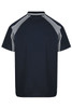 A short-sleeved navy polo shirt with grey accents, featuring a logo on the chest area.