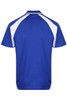 A blue polo shirt featuring white accents, designed with a classic collar and short sleeves. It has a logo on the front.