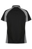 A black polo shirt with grey accents, featuring a classic collar and a logo on the chest area.