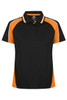 A black polo shirt with orange and white accents, featuring a collar and buttons, and a logo on the chest.