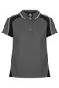A grey polo shirt with black accents and white detailing, featuring a collar and three buttons.