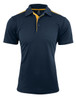 A navy blue polo shirt with yellow accents and a collar, featuring buttons and a logo.
