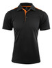 A black polo shirt with orange accents and a collar, featuring a buttoned placket and a logo.