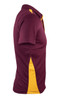 A maroon polo shirt with yellow side stripes and a logo on the chest.