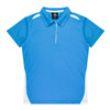 A blue polo shirt with white accents and a collar, featuring a logo on the label.