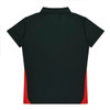 A dark green polo shirt with red side panels and a collar. The shirt features a branding logo.