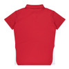 A red polo shirt with a collar and short sleeves, featuring a side panel design. It has a logo on the front.