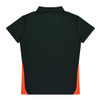 A dark green polo shirt with orange side panels and a collar, featuring a logo on the front.