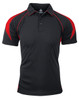 A black polo shirt with red accents and a logo. Features a collared neck and short sleeves.