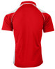 A red polo shirt with white accents and a logo on the back.