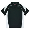 A black polo shirt with white accents and a collar, featuring a logo on the chest.