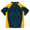 A polo shirt featuring a dark green body with yellow accents on the shoulders and side panels.
