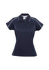 A women's short sleeve polo shirt in navy blue with white detailing and a logo. A women's short sleeve polo shirt in navy blue with white detailing and a logo.