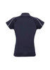 A dark navy polo shirt with short sleeves and contrasting trim, featuring a logo on the back. A dark navy polo shirt with short sleeves and contrasting trim, featuring a logo on the back.