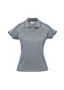 A women's short sleeve polo shirt in grey with black detailing and a logo. A women's short sleeve polo shirt in grey with black detailing and a logo.