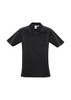 A black men's short sleeve polo shirt with contrasting stitching and a logo. A black men's short sleeve polo shirt with contrasting stitching and a logo.