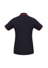 A black women's short sleeve polo shirt with contrasting red trim and a logo on the front.