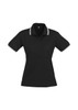 A women's black polo shirt with short sleeves and contrasting stripes on the collar and sleeves. Features a logo.