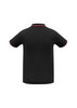 A black short sleeve polo shirt featuring contrasting trim and a logo on the collar.