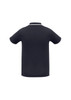 A navy blue men's short sleeve polo shirt featuring a contrasting collar and sleeve trim, with a logo displayed.