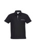A black short sleeve polo shirt featuring a front pocket and branding on the chest.