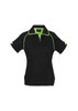 A black women's polo shirt with short sleeves and lime green accents, featuring a logo.