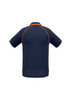 A navy blue short sleeve polo shirt featuring orange accents and a logo on the back.