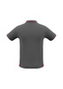 A grey men's short sleeve polo shirt with red detailing and a logo. The back view is displayed.