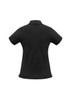 A black women's short sleeve polo shirt with a classic collar and a logo on the chest.