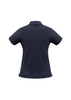 A women's short sleeve polo shirt in navy blue with a classic collar and a logo.