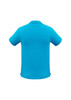 A short sleeve polo shirt in bright blue with a back view and a logo on the side.