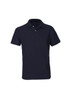 A navy short sleeve polo shirt featuring a classic collar and a logo on the chest.
