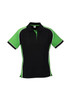 A short sleeve polo shirt in black with green accents, featuring a collar and branded logo.
