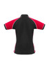 A women's short sleeve polo in black with red and white accents. Features a logo on the front.