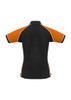 A women's polo shirt in black with orange sleeves and white detailing, featuring a logo on the front.