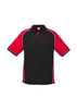 A short sleeve polo shirt in black with red accents, featuring branding on the chest area.