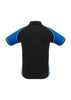 Men's polo shirt in black with blue accents and a contrasting collar. Features a logo on the front.