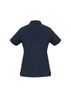 A navy short sleeve polo shirt featuring a collar and a brand logo on the fabric.