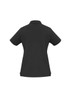 A black women's polo shirt with a short sleeve and a collar, featuring a logo on the back.