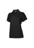 A black women's polo shirt with short sleeves and contrasting trim, featuring a logo on the chest.