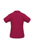 A burgundy women's polo shirt with a short sleeve design and a collar, featuring a logo.