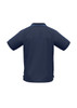 A navy blue men's short sleeve polo shirt featuring contrasting side stripes and a collar. It includes a logo on the front.