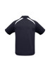 A navy polo shirt with short sleeves featuring white panel details and a logo on the back.