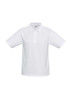A white short sleeve polo shirt with a collar and logo. Suitable for casual and active wear.