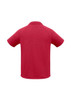 A red men's short sleeve polo shirt featuring a collar and a logo.