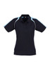 A women's short sleeve polo shirt in navy blue with light blue accents and a collar. Features a logo.